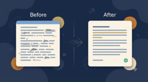 Before and after graphic representing an AI-assisted writing edit